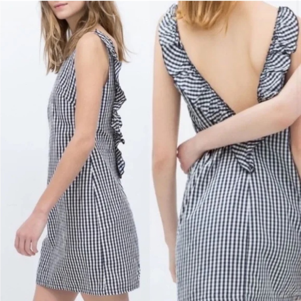 Zara Navy Gingham Open Back Mini Dress